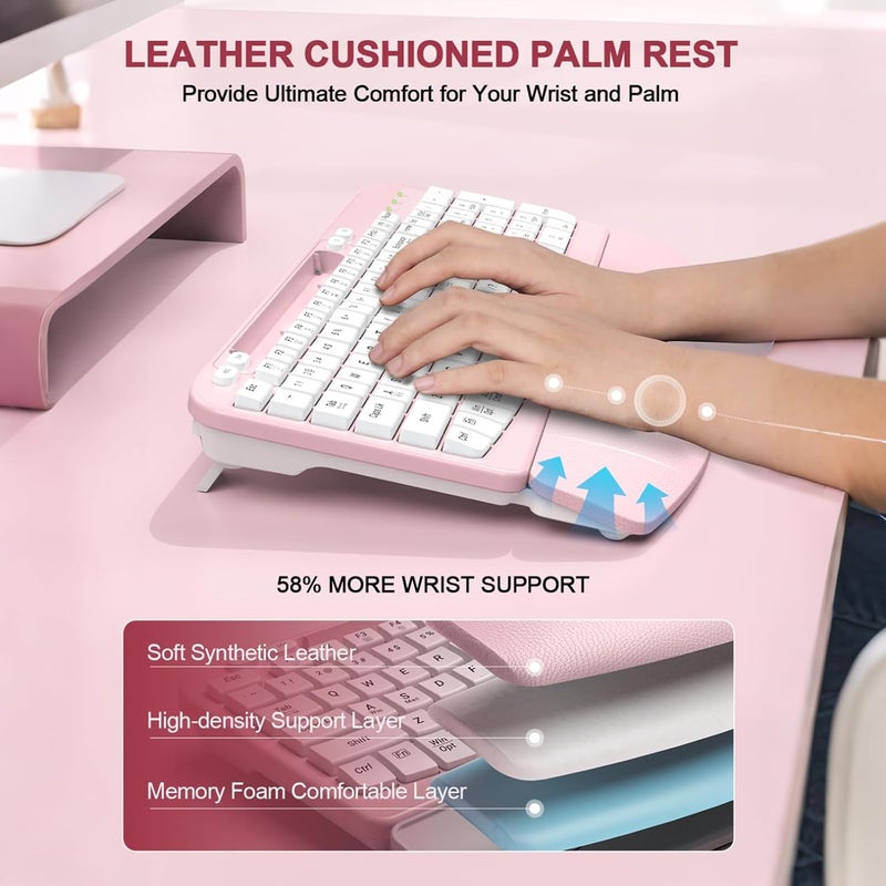 EAYBLLY Ergonomic Wireless Keyboard with Cushioned Wrist Rest, Wave Keys, Phone Holder, Comfortable Natural Typing, 2.4GHz Full Size Cordless USB Computer Keyboard for Windows, Mac OS, Laptop, PC (Pink) - Image 3